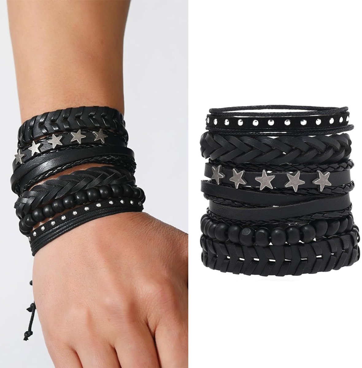 Punk heren armbanden set 6 stuks - Zwarte lederen gothic armbanden - Gevlochten bangle en lederen ketting - Stoere mannen sieraden set