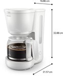 Cafetière Philips blanche avec verseuse en verre, dimensions 32,88 cm de haut, 31,57 cm de large, 16,86 cm de profondeur.