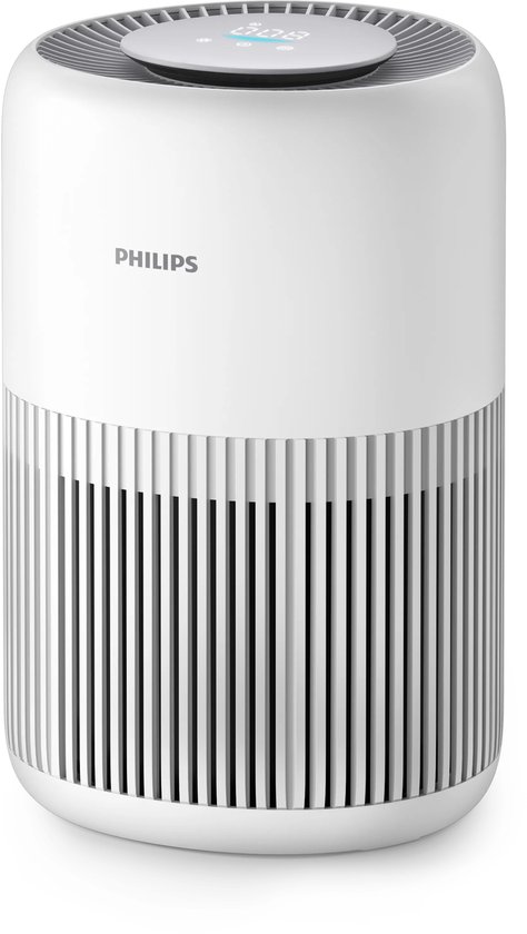 Witte luchtreiniger van Philips met verticale lamellen en een digitaal display bovenop.