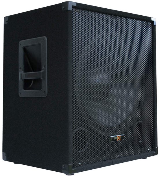 Zwarte subwooferkast met aan de voorkant een metalen rooster dat een 15-inch woofer beschermt. E-Lektron logo.