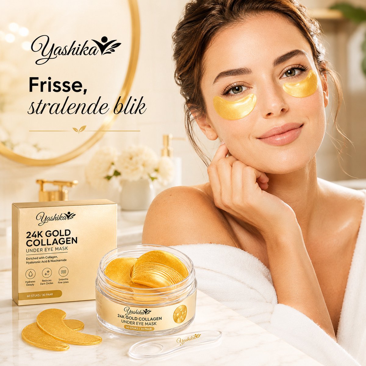 Yashika Oogmasker 60 Stuks Goud – Eye Patches – Oogmasker Wallen – Eye Pads – Oogpads – 24k Goud – Anti Wallen Donkere Kringen – Collageen Oogmasker – Oog Patches – Eye Mask – Hydrogel – Gezichtsmasker – Hyaluronzuur – Anti Rimpel – Anti Aging
