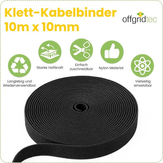 Rol zwart klittenband kabelbinder, 10m x 10mm. Met iconen voor duurzaamheid, sterke hechting, knipbaar, nylon en veelzijdigheid.