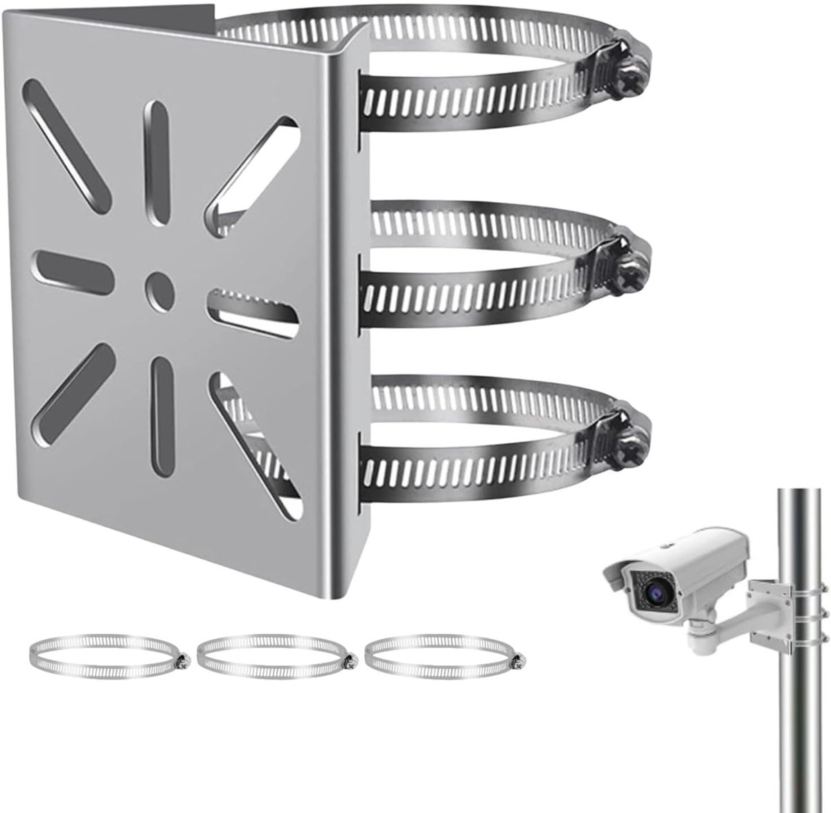 Dailygoods - Dailygoody - Verticale Stanghouders voor Bewakingscamera - Universele Paalbevestiging - 3 Verstelbare Ringen - Duurzaam Staal - Geschikt voor Bewaking