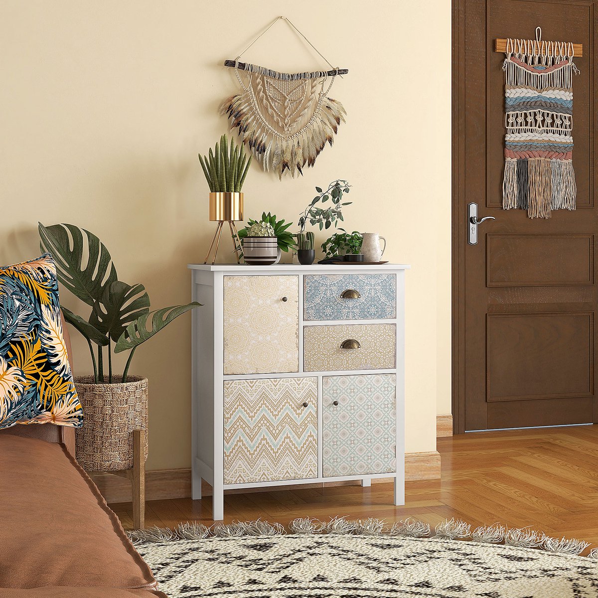 REDOM Ladekast - 2 Laden En 3 Vakken - Landelijke Stijl - Voor Woonkamer Of Slaapkamer - Hout - Wit - 68 X 34 X 80 Cm
