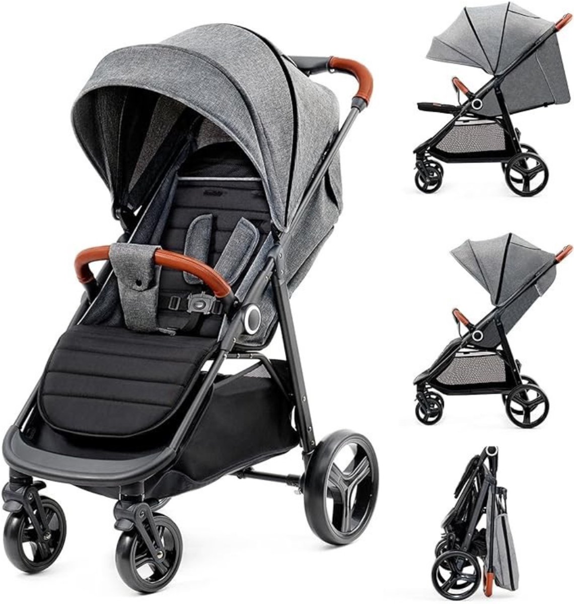 Verte Reisbuggy - Lichtgewicht Kinderwagen Vanaf de Geboorte tot 22 kg - Met Eén Hand op te Vouwen - Ligstand - Ruime XL-Bak - Alle Wielen Geveerd - Grijs