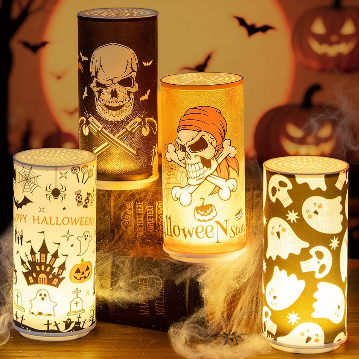 Dailygoods - Set van 4 Vlamloze Halloween LED Kaarsen met Spookpatroon