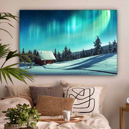 Tableau sur toile Aurores boréales - Neige - Maison - Hiver - 120x80 cm - Décoration murale