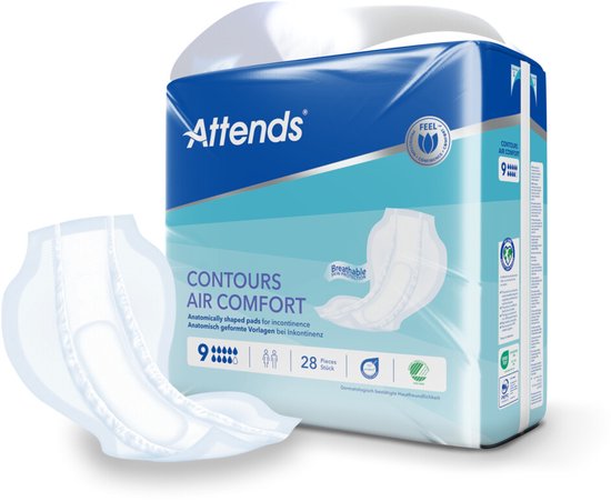 Een Attends Contours Air Comfort inlegger voor incontinentie, wit en anatomisch gevormd.