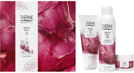 Drie THERME Mystic Rose producten en een doosje met roze marmerprint en rozenafbeeldingen.