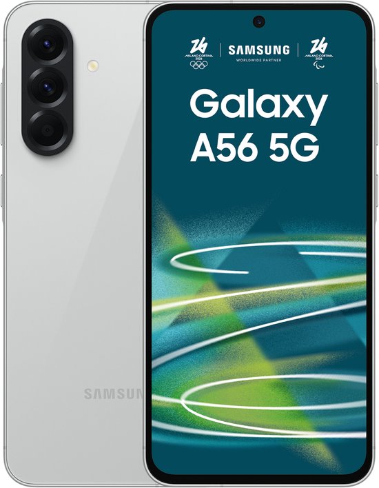 Samsung Galaxy A56 5G argenté avec trois caméras à l'arrière. L'écran du téléphone affiche "Galaxy A56 5G".
