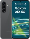 Samsung Galaxy A56 5G gris avec trois appareils photo à l'arrière et un écran affichant "Galaxy A56 5G".
