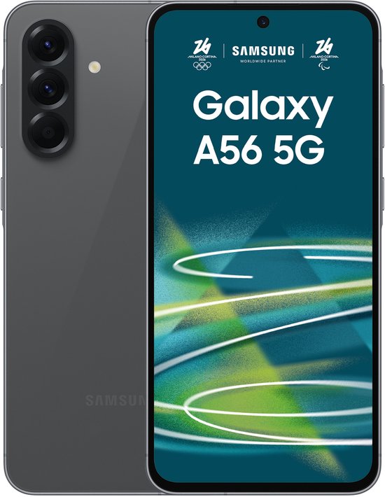 Samsung Galaxy A56 5G gris avec trois appareils photo à l'arrière et un écran affichant "Galaxy A56 5G".