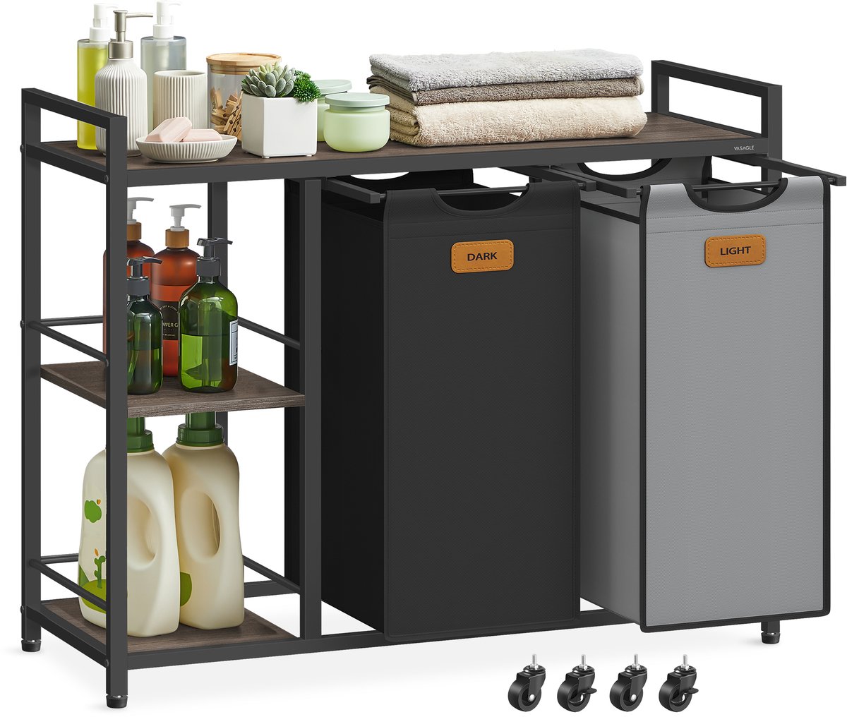 VASAGLE - Wasmand - Wassorteerder - 2 Vakken - 100 L Wassorteerder - Met Wielen en Afneembare Tassen
