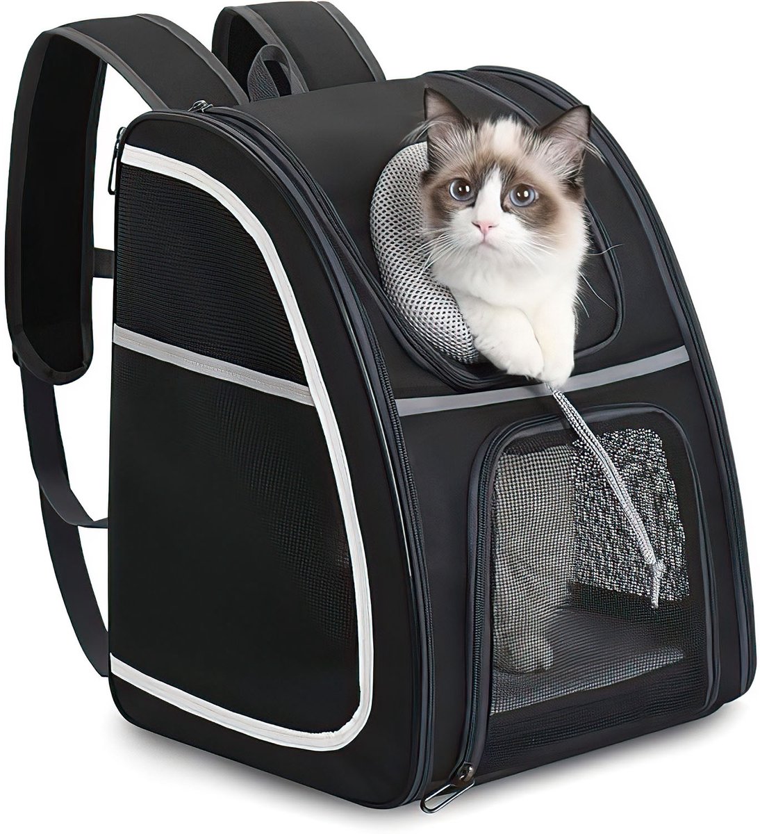 Opvouwbare Kattenrugzak – Ademend Dierenvervoer Tas met 4-Ring Staalframe – Zwart/Grijs
