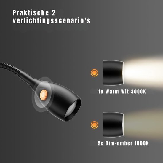 TIM® Leeslamp - Nachtlampje - Bedlampje - met Dimfunctie - Zwart - 49cm x 4cm x 4cm van Tim — afbeelding 4