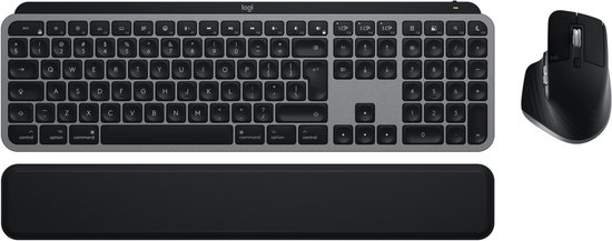 Clavier Logitech MX Keys S gris, repose-poignets et souris Logitech MX Master 3S noire.