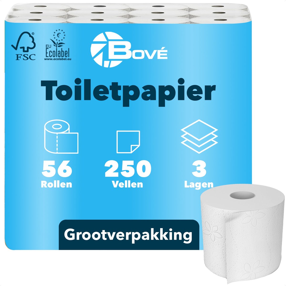 56st Toiletpapier 3-laags zacht en sterk 250 vellen cellulose 56 rollen grootverpakking (8101000)