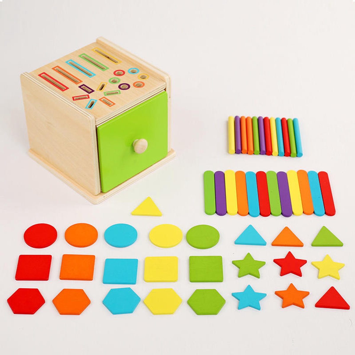 3-in-1 Montessori-speelgoed - Houten educatief speelgoed - Vroegtijdige kinderontwikkeling - Muntendoos voor kleurensortering - Vormendoos