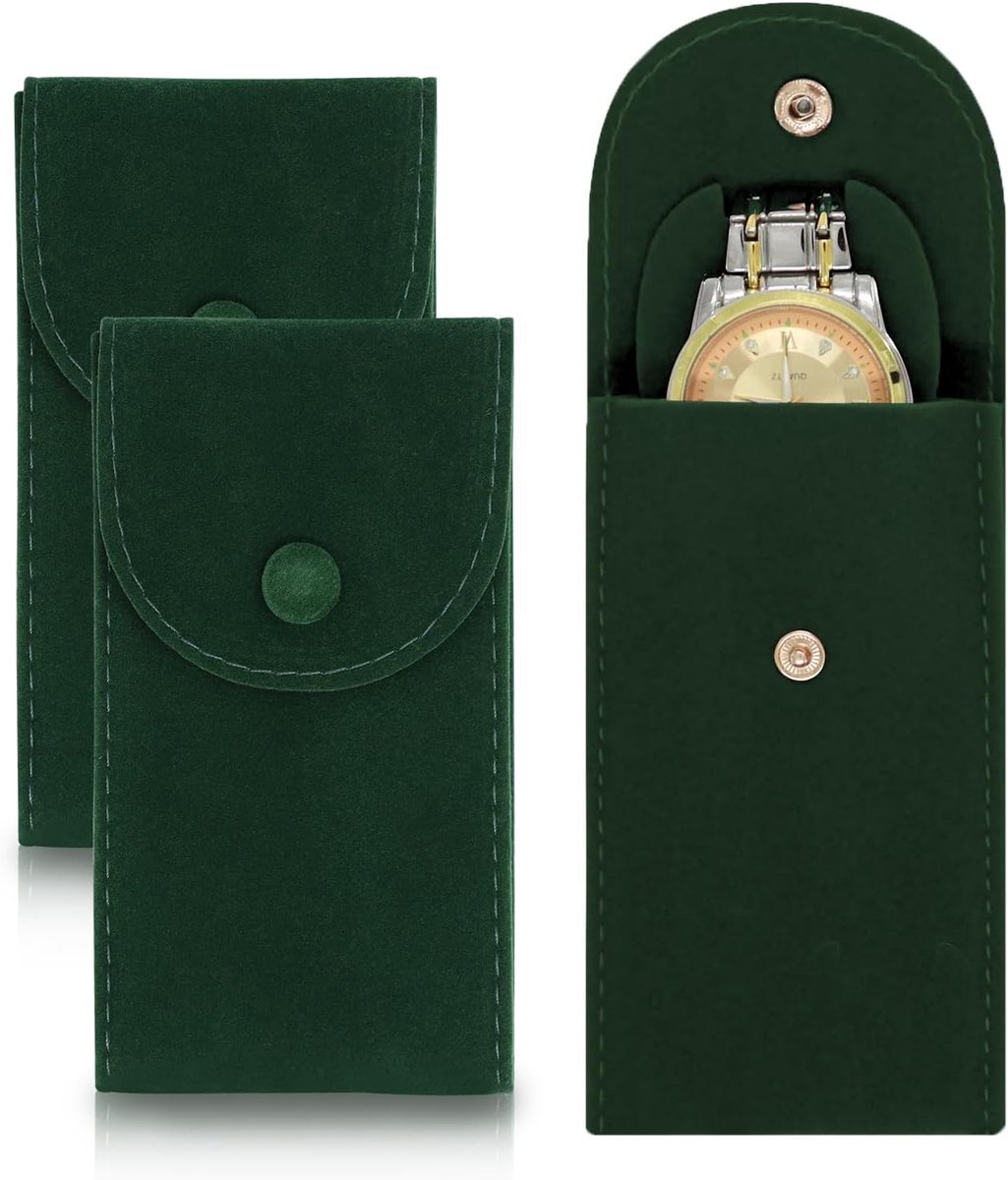 Set van 2 fluwelen horlogedoosjes, inclusief universele horlogekussentjes voor dames- en herenhorloges, draagtas en cadeauzakje met drukknoop (groen - A)