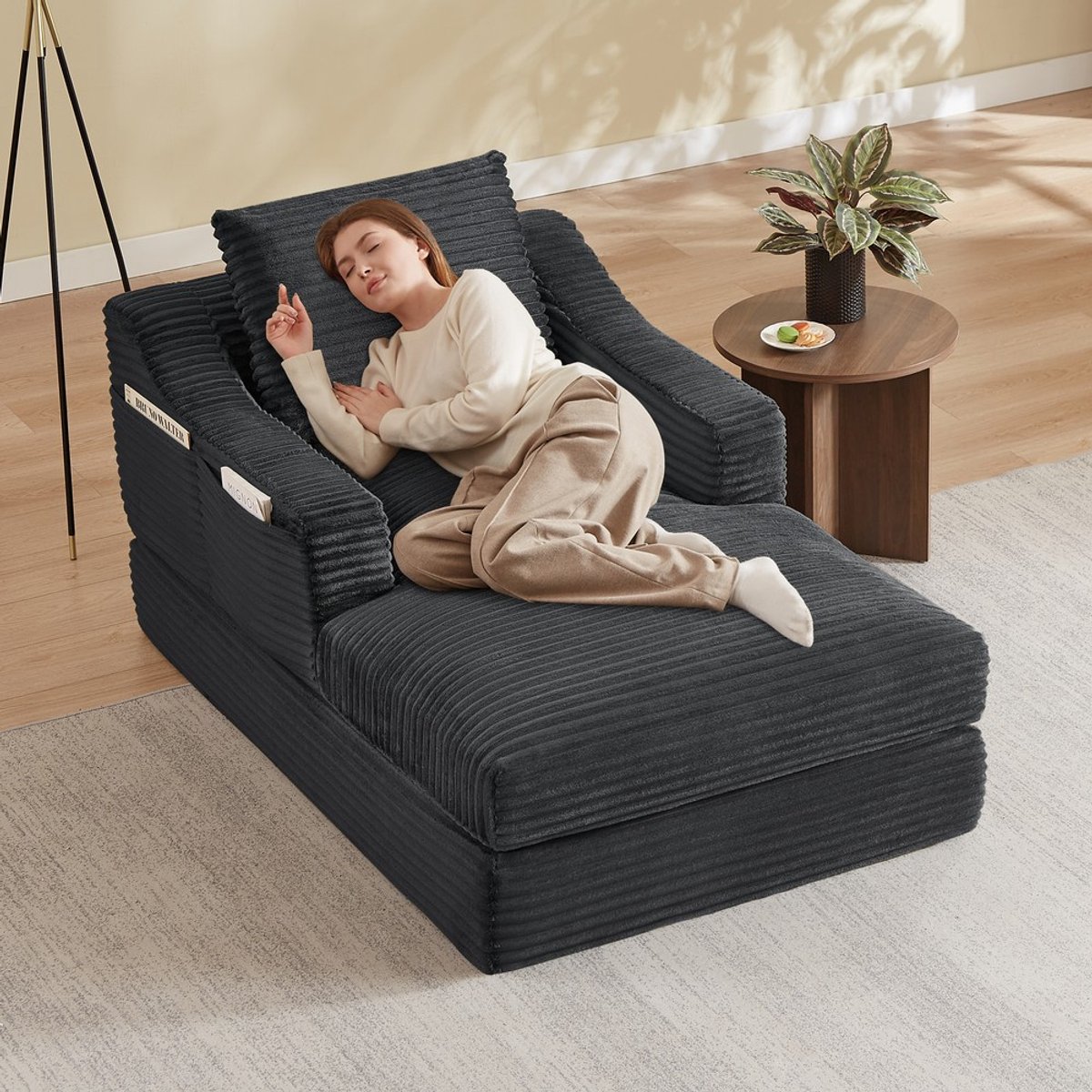 Pugsdrly Moderne minimalistische corduroy luie loungestoel, ruime eenpersoonssofa, ontspan
