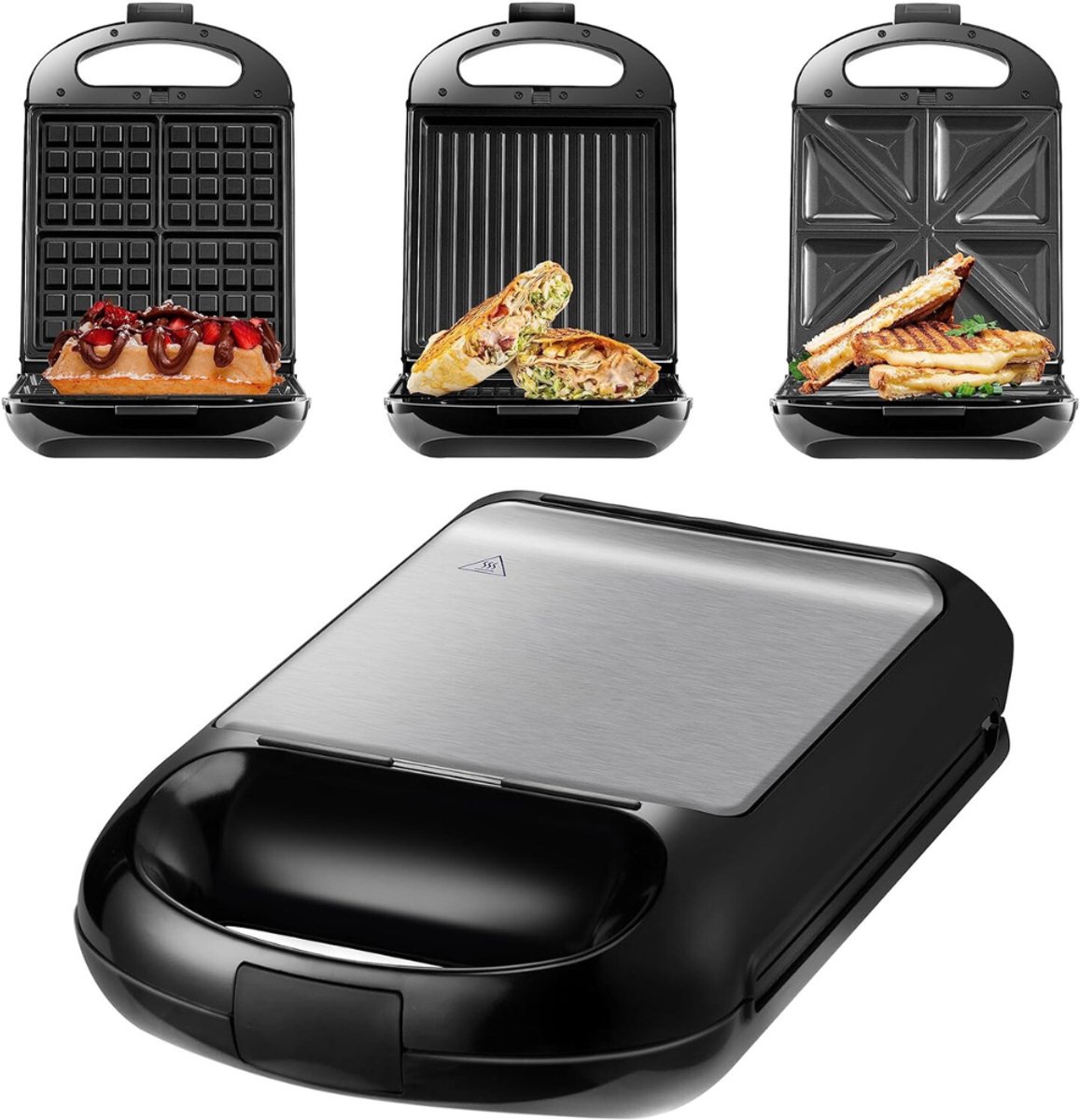 TIM® Wafelijzer Met Verwisselbare Platen – Tosti Apparaat – Wafelmaker 1200 Watt – Panini Grill – Contactgrill – 3-in-1 Sandwich Maker XXL – Grill Apparaat Met 3 Antiaanbakplaten - Zwart - 35cm x 24cm x 10cm