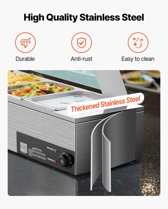Commerciële Voedselverwarmer (6 X 1/3 Formaat Bakken), 1,5 KW Elektrische Roestvrijstalen Verwarmer met Glazen Deksel en Lepel, Warmhoudapparaat voor Catering, Horeca en Evenementen — afbeelding 4