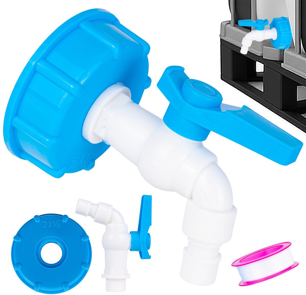 Garronda IBC kraan set S60x6 - 1/2 inch kogelkraan - complete set - met PTFE afdichtingstape - adapter - voor IBC-tank en Mauser - afvoerkraan - GD-0215