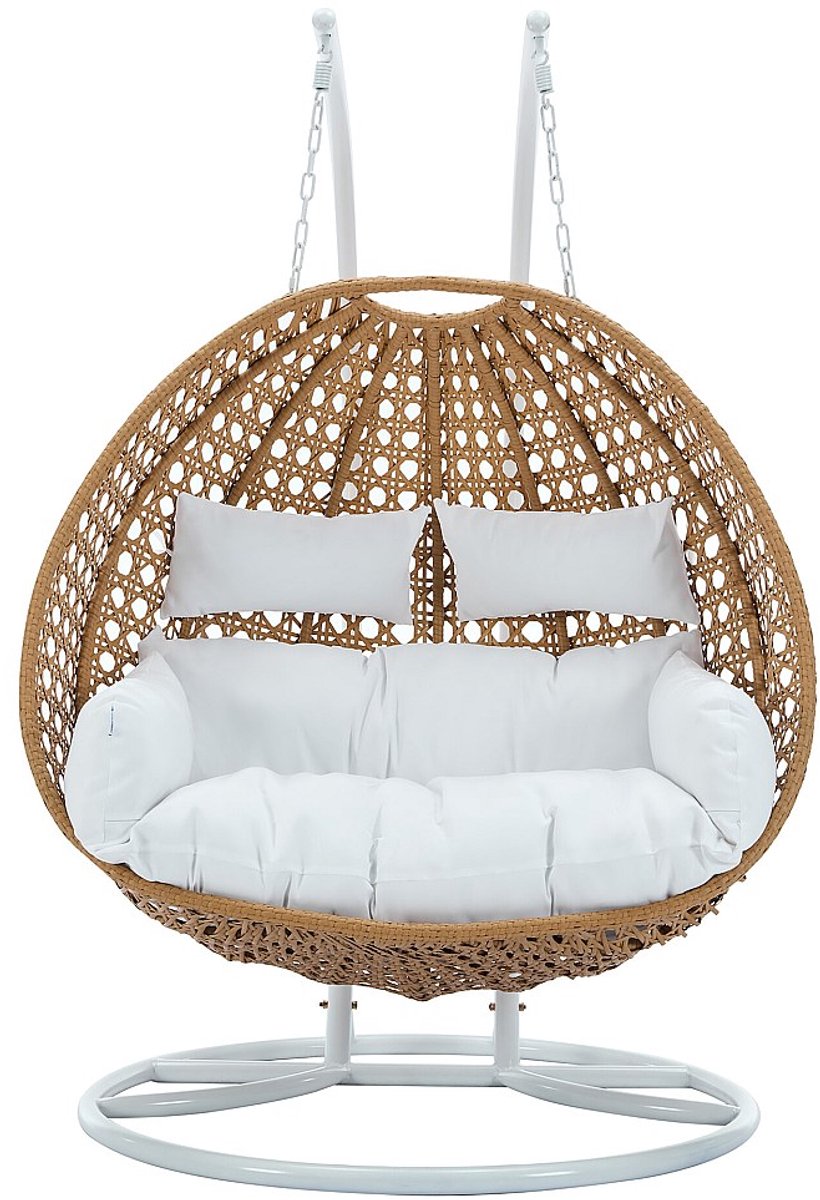 Vente-unique Hangfauteuil voor 2 personen van gevlochten hars - Licht naturel met witte kussens - TILLO van MYLIA
