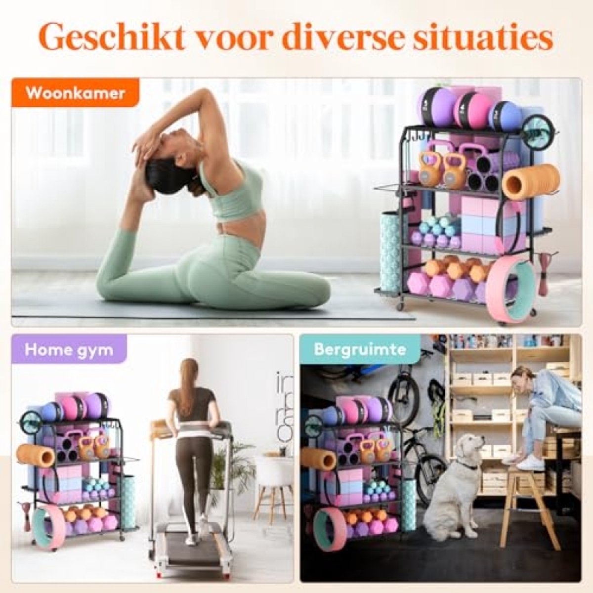 Yogamat Opbergrek - 4-laags Fitness Accessoires Organizer voor Halter, Kettlebell, Yogablok, Schuimrol - Verrijdbaar met Zwakwielen en Haken - Zwart – foto 5