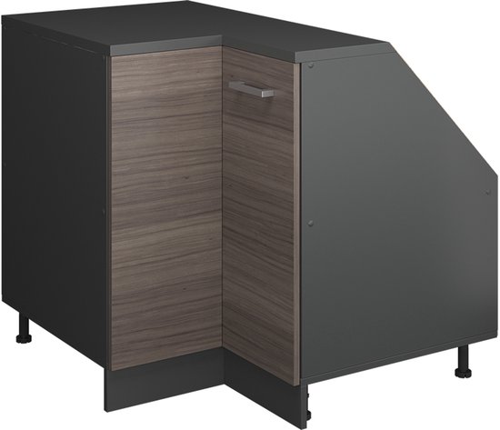 Hoekkast met donkergrijs front, houtlook zijkant en metalen pootjes.