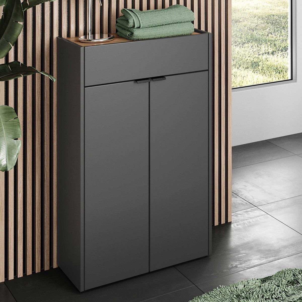 Badkamerkastje Ferrano - 2 Deuren & 1 Lade - Grafiet/eikdecor - Germania - Badkamer Halfhoge Kast - Antraciet - Melamine; Spaanplaat