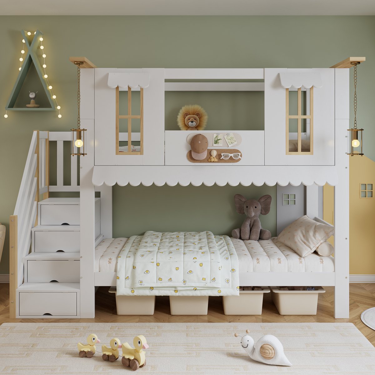 Merax Stapelbed 90x200 cm - kinderbed - opbergtrap - mooi raam - golvende dakrand - met vilten decoratie - wit en houtkleurig - zonder matras