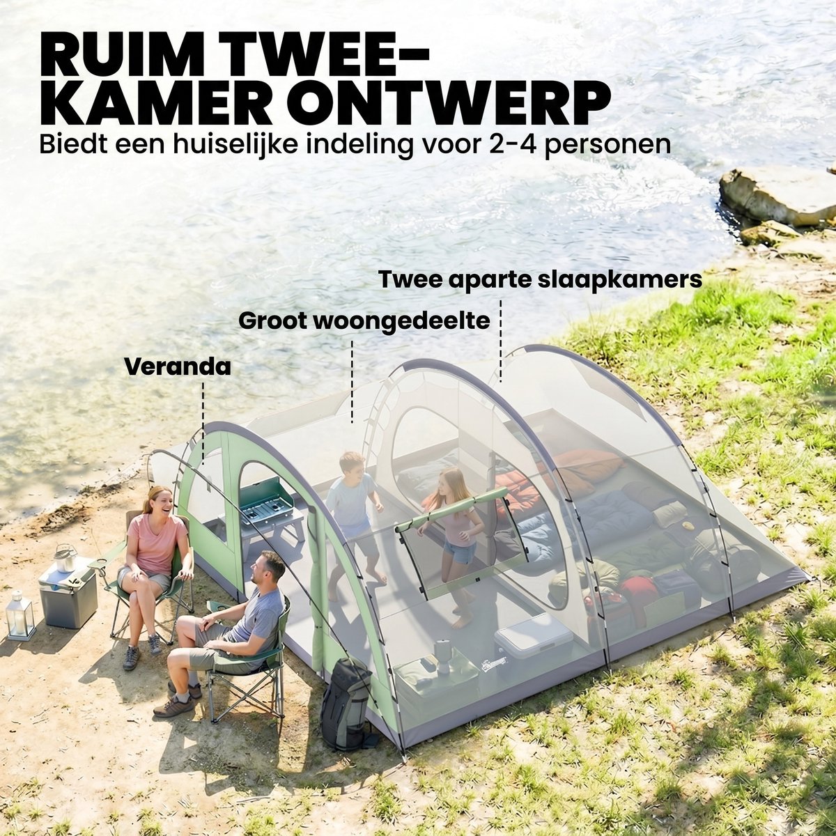 Familietent - 4-6 personen - Tunneltent met twee slaapkamers - Inclusief waterdichte regenhoes (3000 mm) en opbergtas - Eenvoudig op te zetten - Lichtgewicht en ademend - Voor Camping & Outdoor - 505x390x196 cm- Groen – foto 6