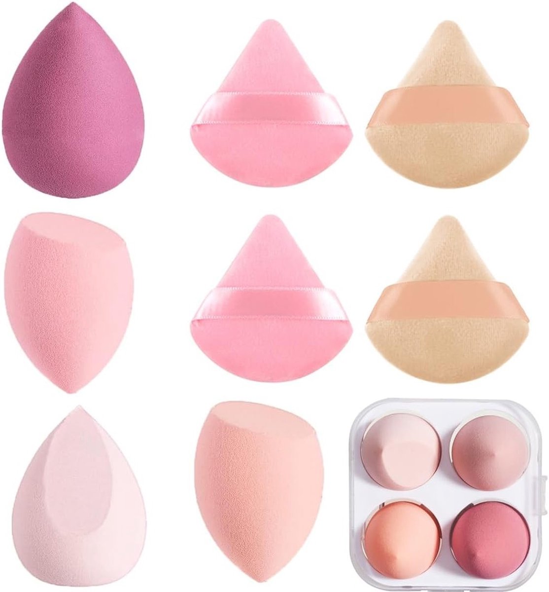 Set van 8 Make-up Sponzen en Poederborstels met Opbergdoos voor Foundation, Poeder en Crème