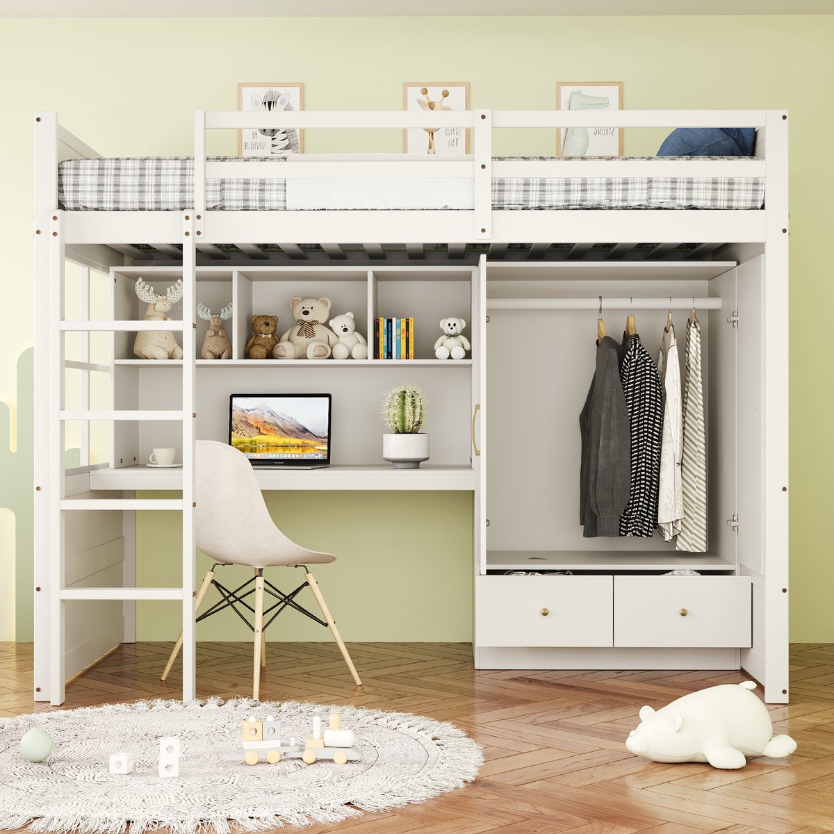VVBV Hoogslaper 90x200 met bureau / Hoogslaper met bureau en kast – met Kledingkast, Opbergruimte, Ladder – Tienerbed – Wit – Tienerbed 90x200