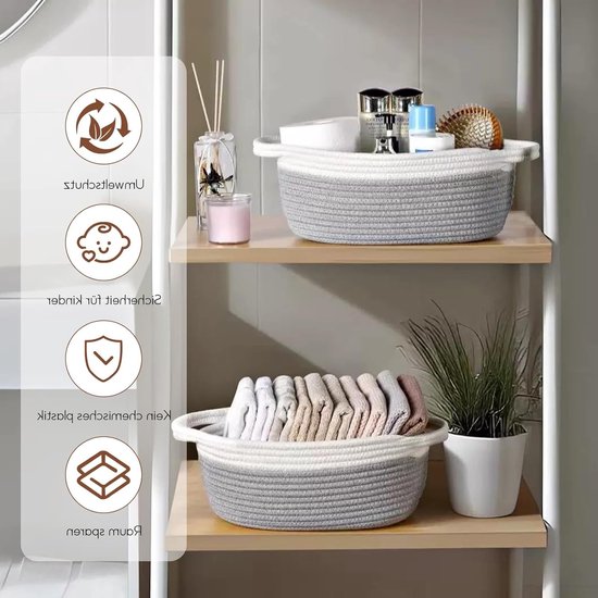 Set van 5 Gevlochten Katoenen Mandjes, Opbergmanden met Handvat voor Badkamer, Slaapkamer en Woonkamer (Grijs) van Merkloos	 — afbeelding 3