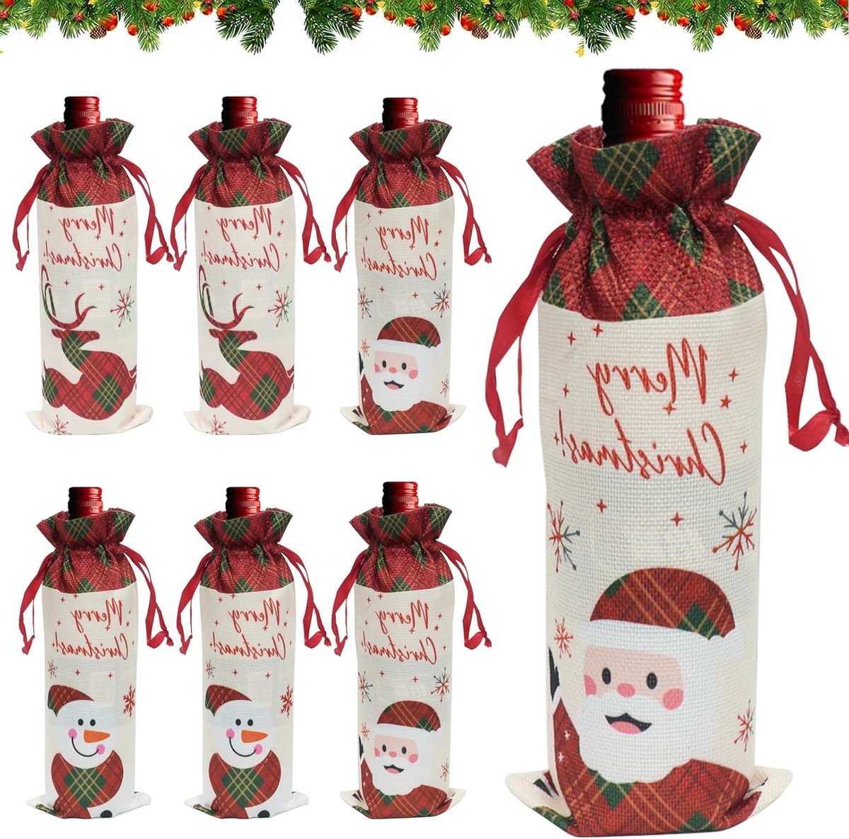 Kerst wijntas met trekkoord van jute, stijlvolle flessenzak voor wijnflessen, perfect als geschenkverpakking voor kerstcadeaus en feestelijke gelegenheden