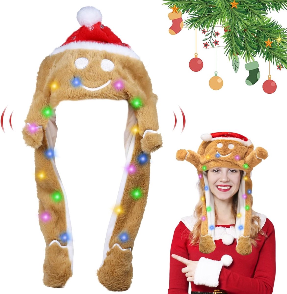 Pluche Kerstmuts met Beweegbare Oren en LED Verlichting voor Feestelijke Gelegenheden en Verjaardagen