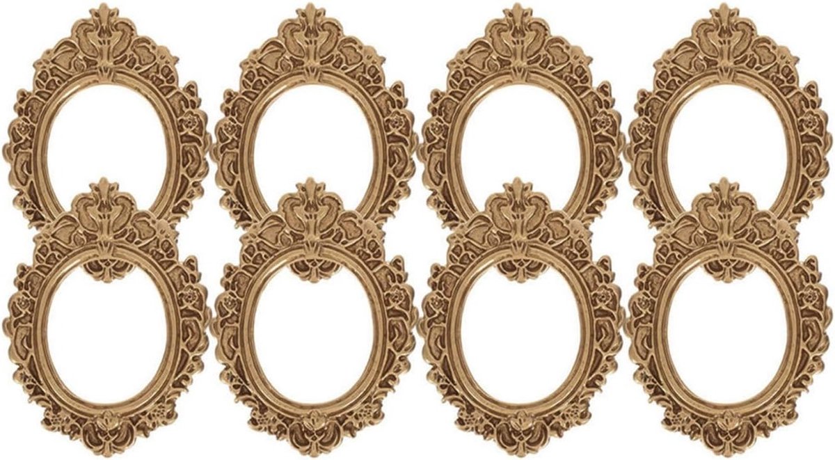 8 Stuks Gouden Ovale Kleine Fotolijsten van Robuuste Hars voor Vintage Decoratie en Sieradenpresentatie in Huis en op Tafel