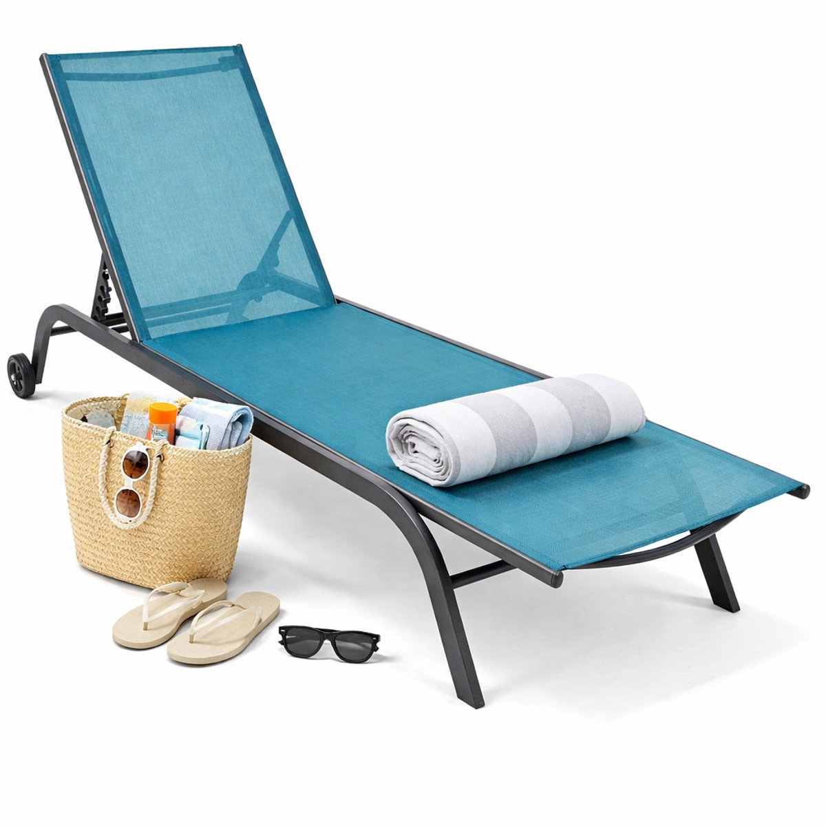 VCM grijze rotan ligstoelen set van 2, ligstoel, ligbed, tuinligstoelen, opvouwbare strandligstoel, verstelbare ligstoel, zonnebed, opvouwbare ligstoel met gezichtsopening, draagbare strandligstoel, ligstoel met kussen