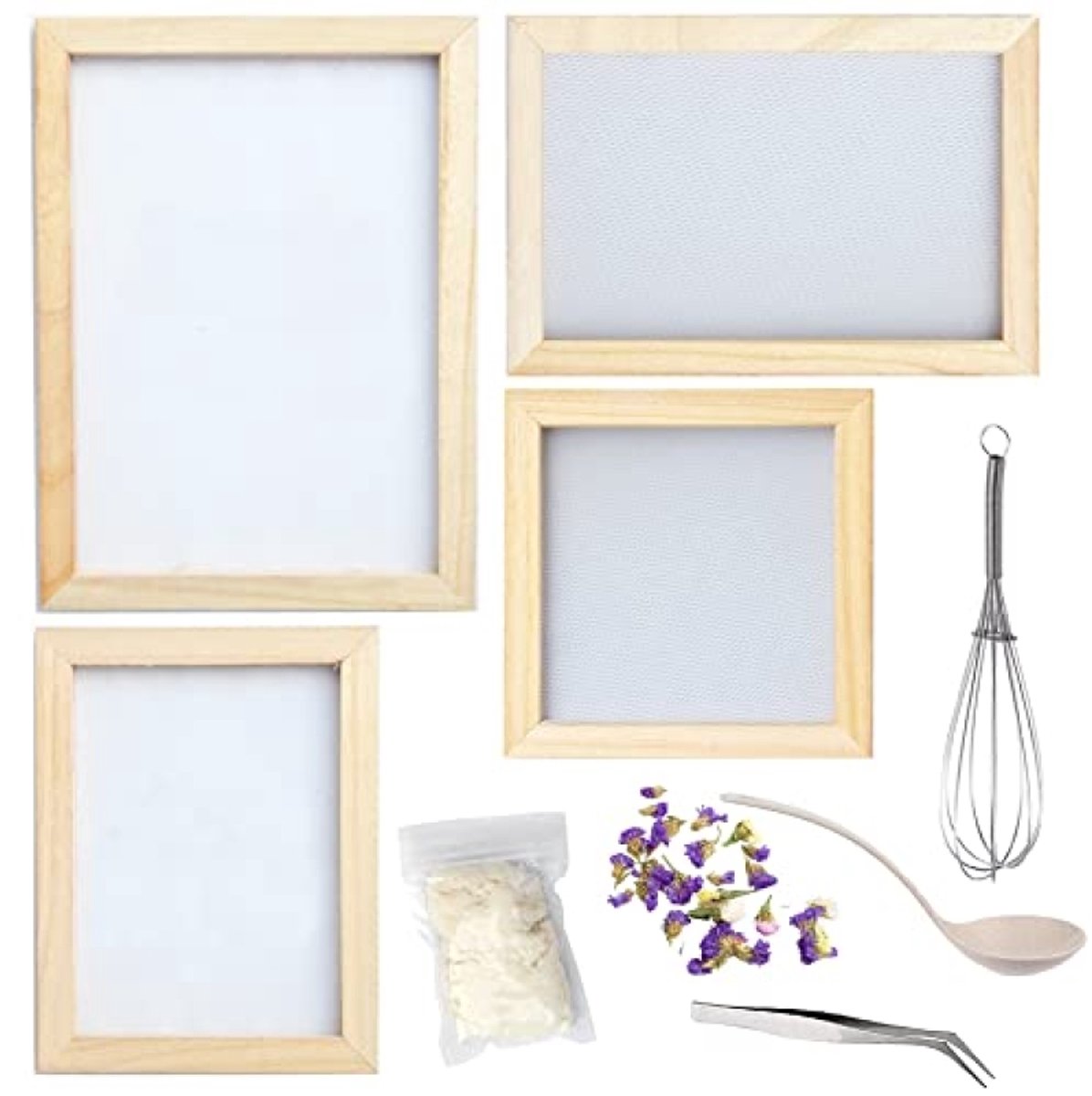 Complete set voor handgeschept papier maken - 10 papieren schermen, 4 houten malen, gedroogde bloemen, pulp, lepel, roerder en pincet