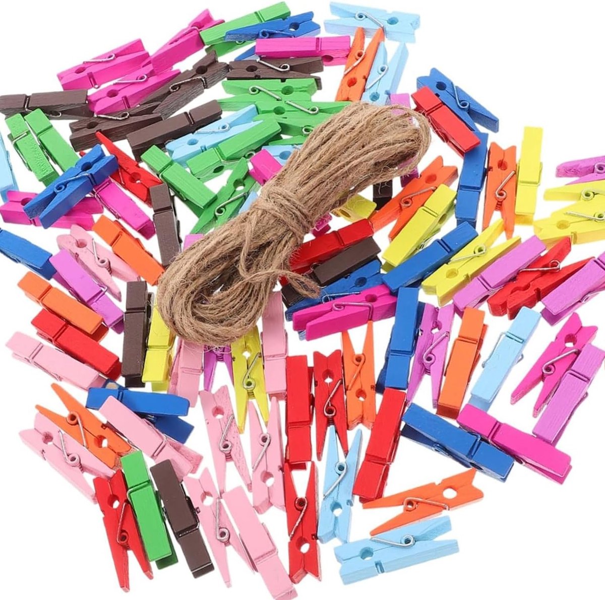 100 Stuks Kleurrijke Mini Houten Klemmen van 3.5cm - Ideaal voor Foto Displays, DIY Ambachten en Memo Borden met 10m Jute Touw