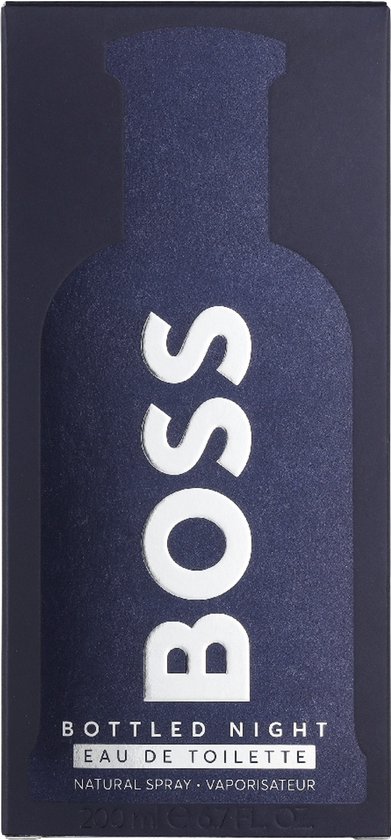 Doos van Hugo Boss Bottled Night eau de toilette met de fles-silhouet en de tekst 'BOSS'.