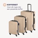Drie beige koffers van verschillende groottes, opgesteld naast elkaar.