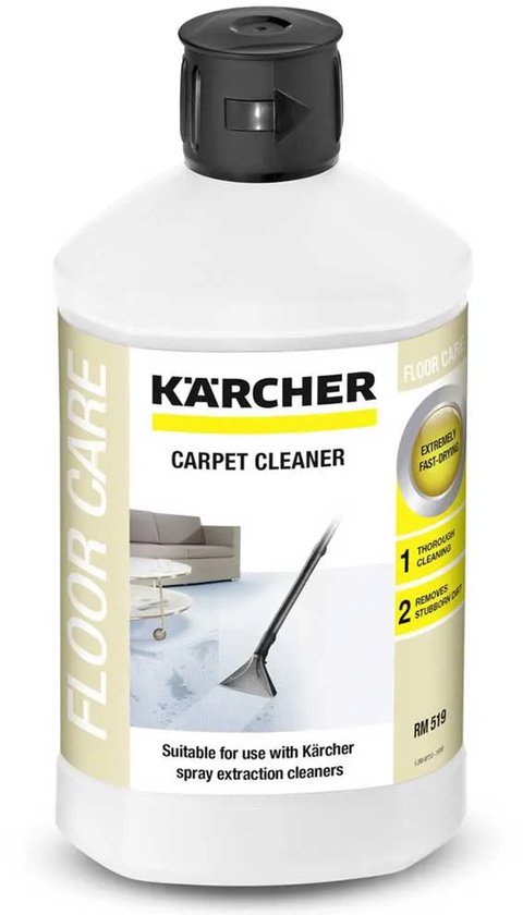 Witte Kärcher fles met gele band, "CARPET CLEANER" en afbeelding van een bank en stofzuiger