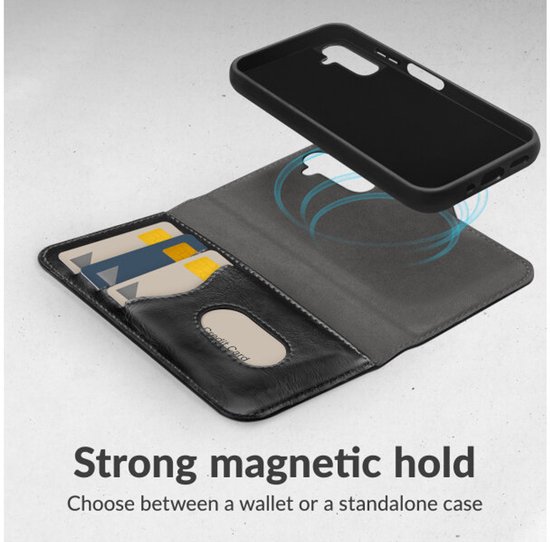 Étui portefeuille noir avec porte-cartes et coque de téléphone détachable.