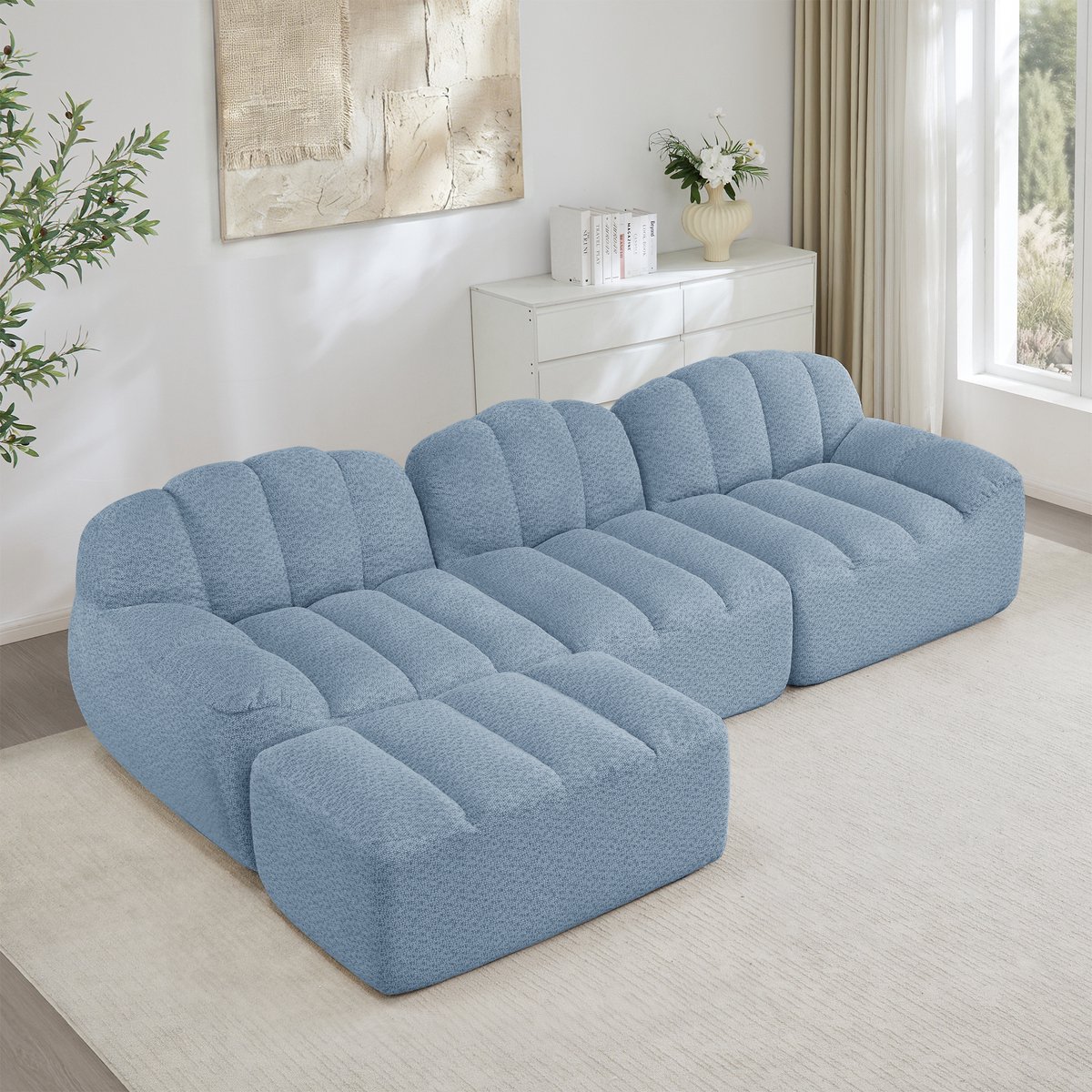 MIVRAY Hoekbank Driezits Met Voetenbank - Modulair Comfort - Voor Woonkamer En Appartement - Granulair Fleece Blauw