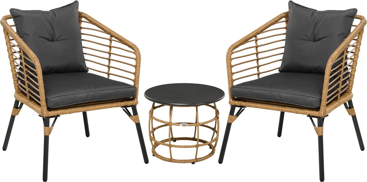 Gutent Loungesets - Zitgroep - 3 Delig - 1 Salontafel - 2 Stoelen - Bistroset - Incl Kussens - Balkonmeubelen - Zand Donkergrijs