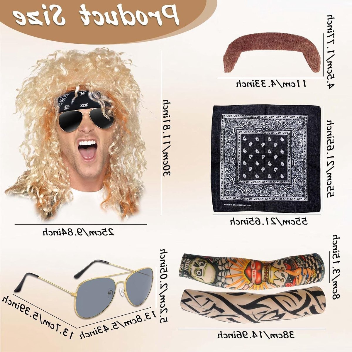 Complete 80's Kostuumset met Perücke, Disco Zonnebril en Snor voor Halloween en Carnaval - Perfect voor Rollenspel en Feestjes