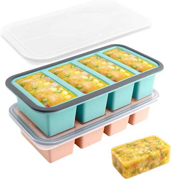 Bacs de congélation en silicone avec couvercle - Souper Cubes 1 tasse - Préparation de repas pour soupes et sauces - Démoulage facile - Moule en silicone sans BPA - Lot de 2 - Idéal pour congeler des repas